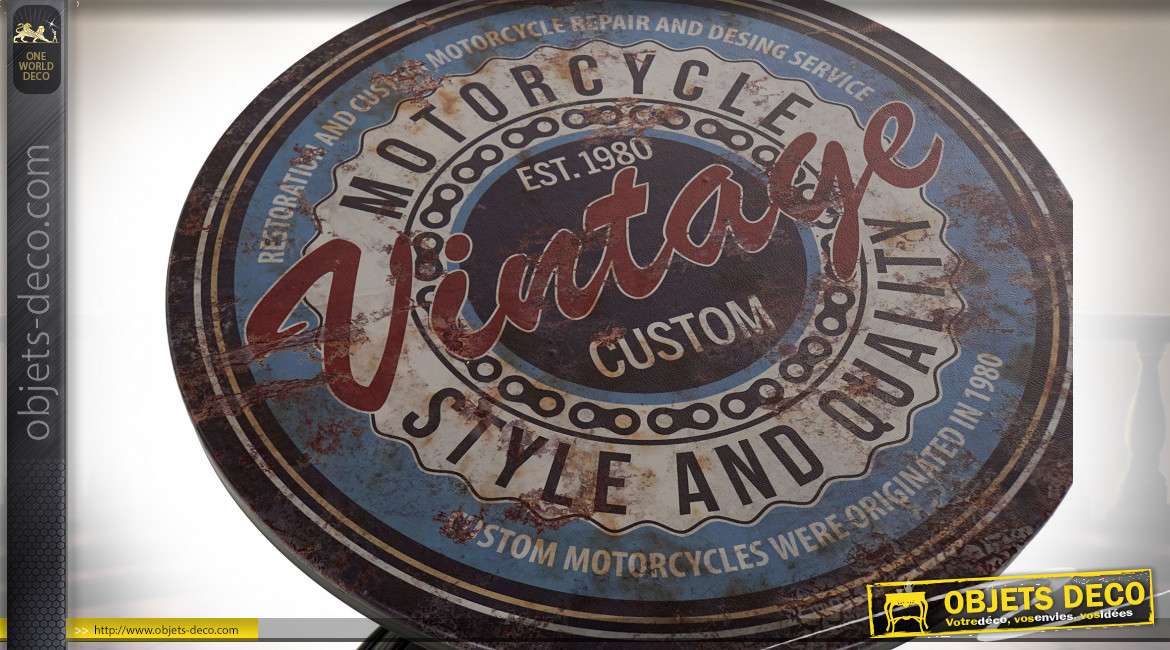 Table ronde d'appoint en métal et revêtement vinyle imprimé de motifs garage vintage, style industriel, Ø60cm