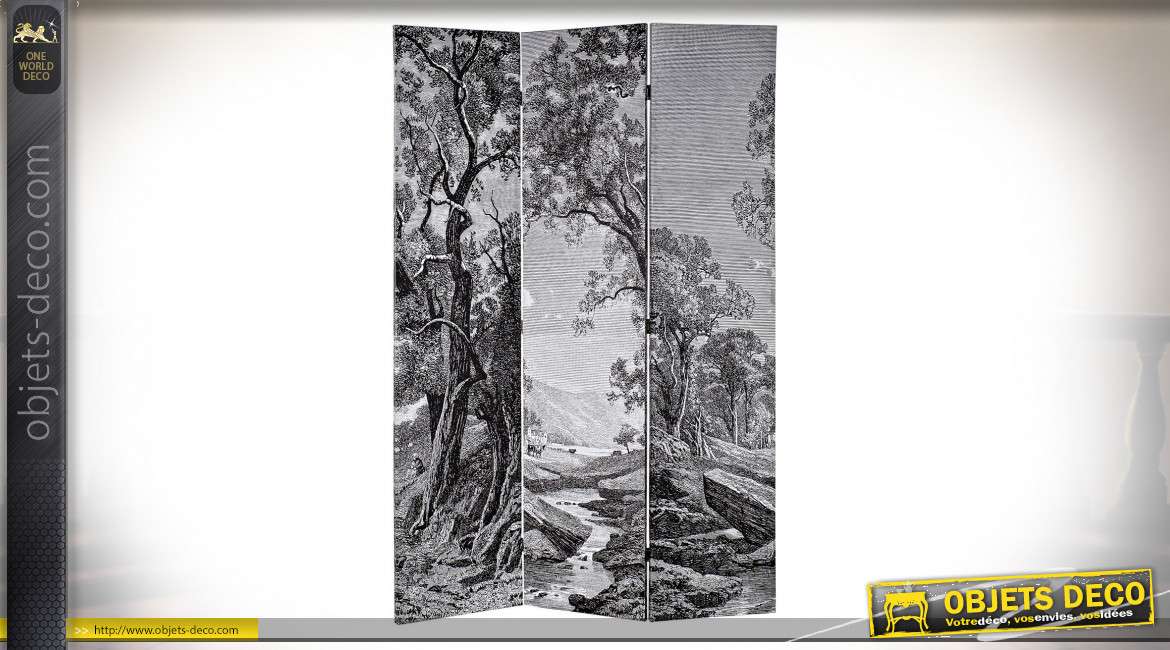 Grand paravent en bois et toile imprimée de motifs jungle en noir et blanc, 180cm de long