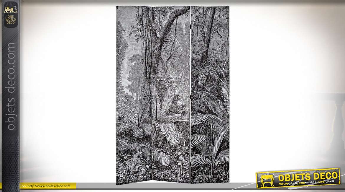 Grand paravent en bois et toile imprimée de motifs jungle en noir et blanc, 180cm de long