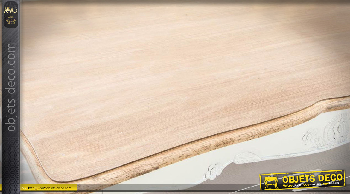 Table basse en bois de style shabby chic finition blanche et naturelle, 120cm