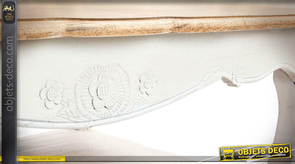 Table basse en bois de style shabby chic finition blanche et naturelle, 120cm