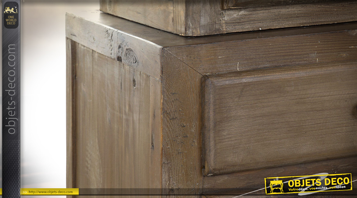 Grand vaisselier à deux portes vitrées en bois de pin massif finition naturelle ambiance rustique, 220cm