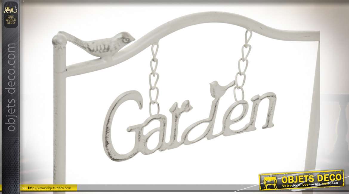 Jardinière de table en métal finition blanc ancien avec oiseaux et inscription Garden suspendue, 38cm