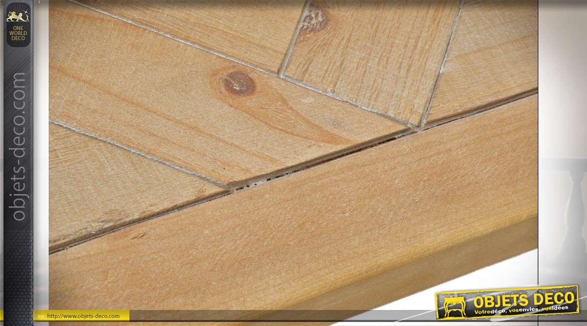 Table basse en bois de sapin finition claire, volutes en métal esprit vieux fer forgé, 120cm