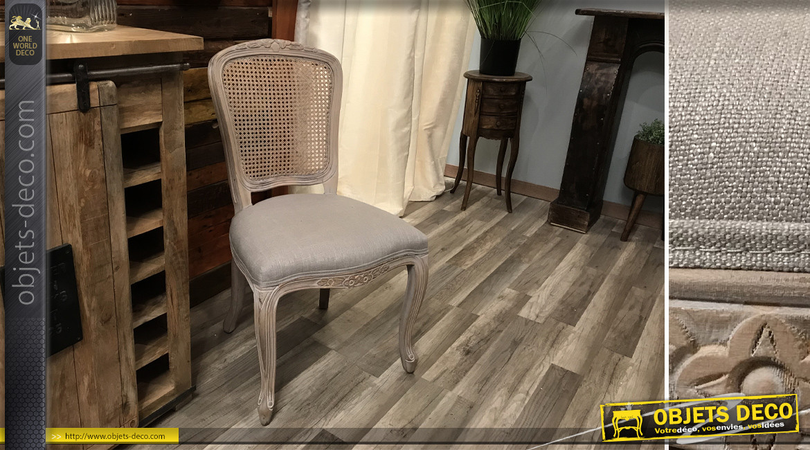 Chaise de style classique chic en rotin et bois, finition gris clair, ambiance chic, 95cm