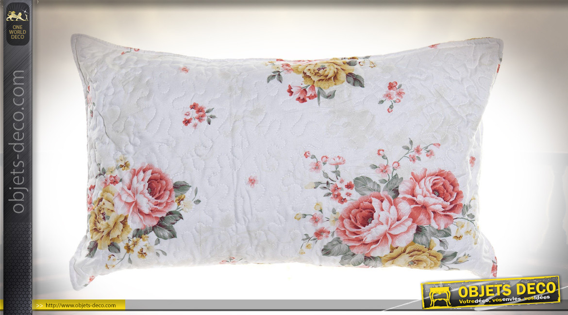 Coussin rectangulaire style floral sur fond clair, ambiance vintage, 60x40cm