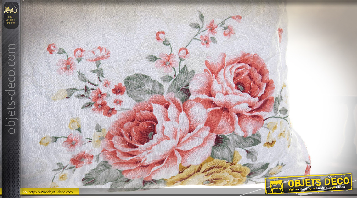Coussin rectangulaire style floral sur fond clair, ambiance vintage, 60x40cm