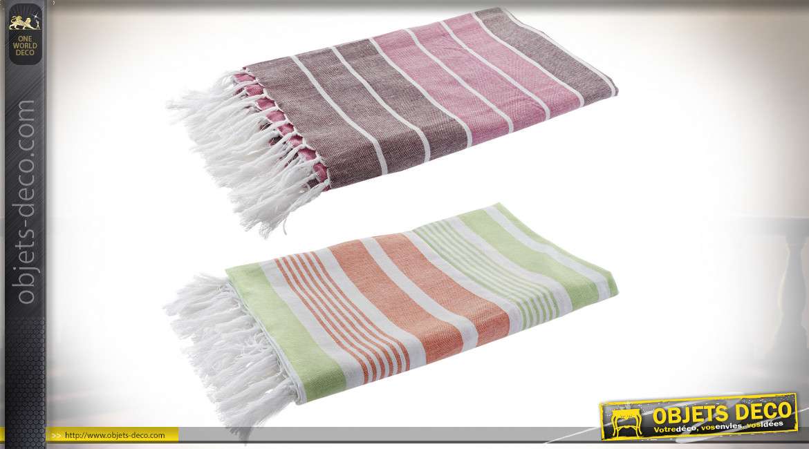 Série de deux grandes serviettes de plage, en coton fin avec franges et pompons, motifs rayés, 170x90cm