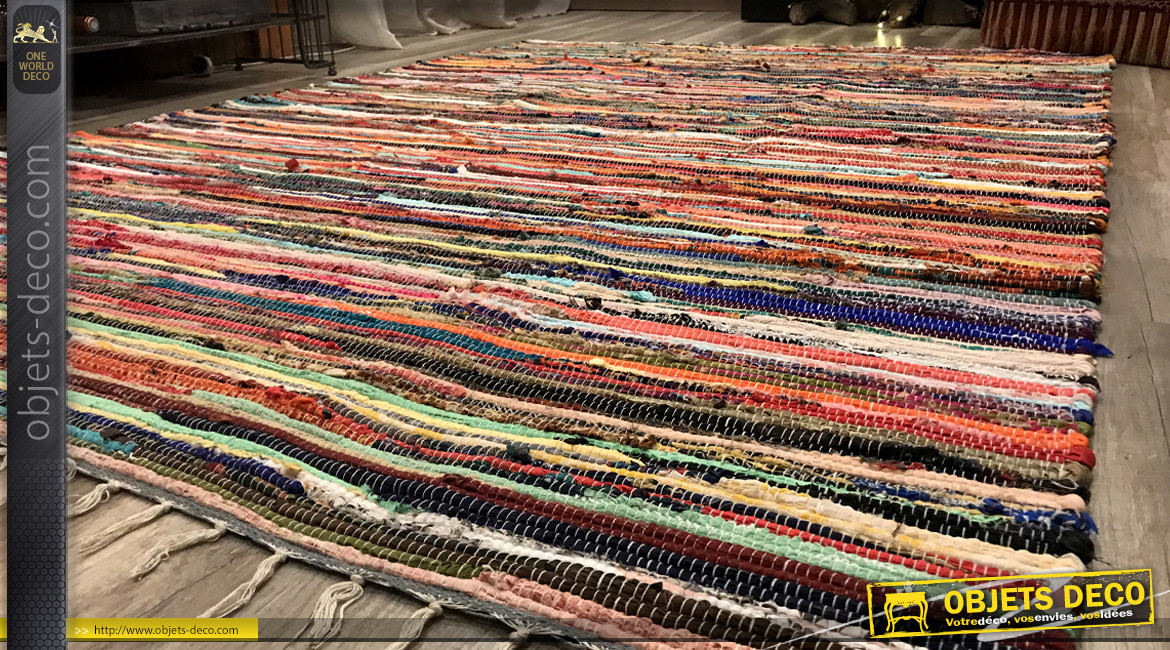 Grand tapis chindi multicolore en coton épais, ambiance contemporaine colorée, 230x160cm