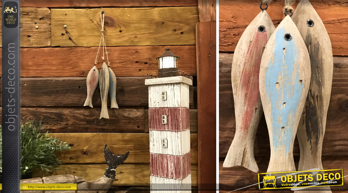 Décoration à suspendre en bois en forme de poissons, finition colorée vintage , esprit bord de mer, 34cm