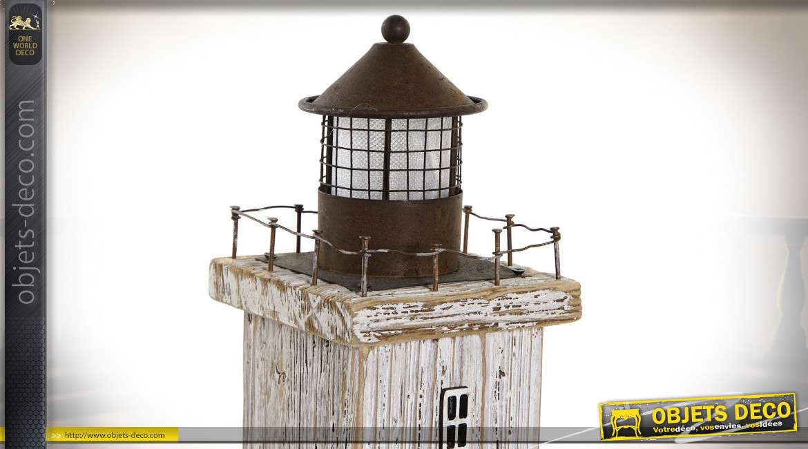 Phare décoratif en bois effet vieilli, avec LED intégrée, ambiance vieux port de pêche, 42cm