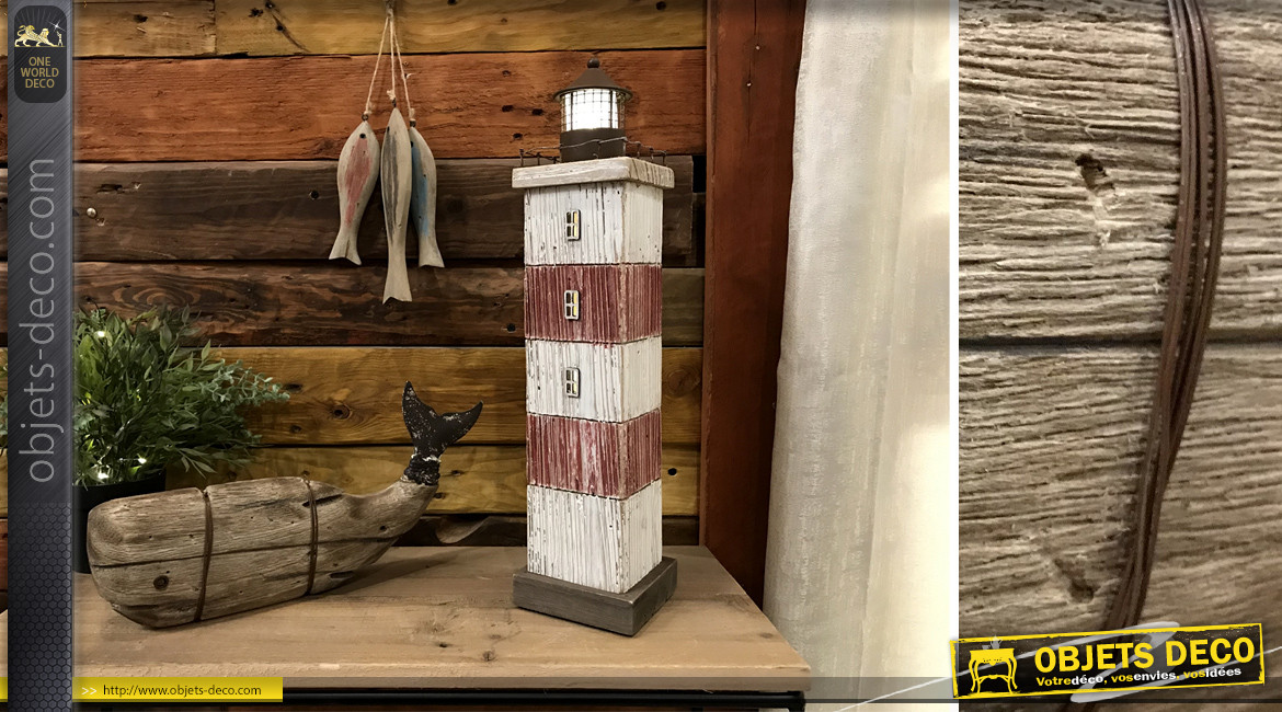 Phare décoratif en bois effet vieilli, avec LED intégrée, ambiance vieux port de pêche, 42cm