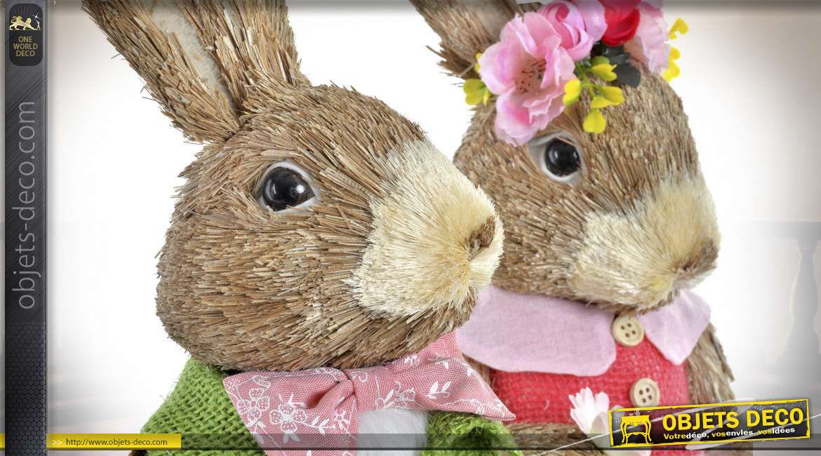 Couple de lapins en fibres naturelles et base en polyester, décoration de Paques, 40cm