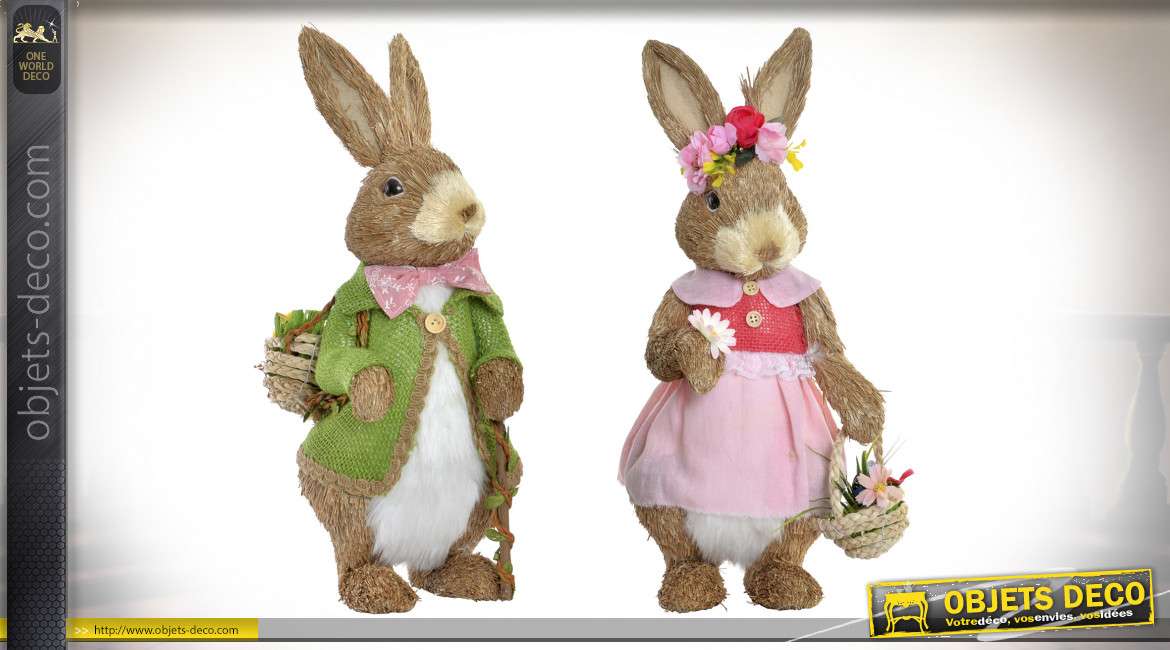Couple de lapins en fibres naturelles et base en polyester, décoration de Paques, 40cm