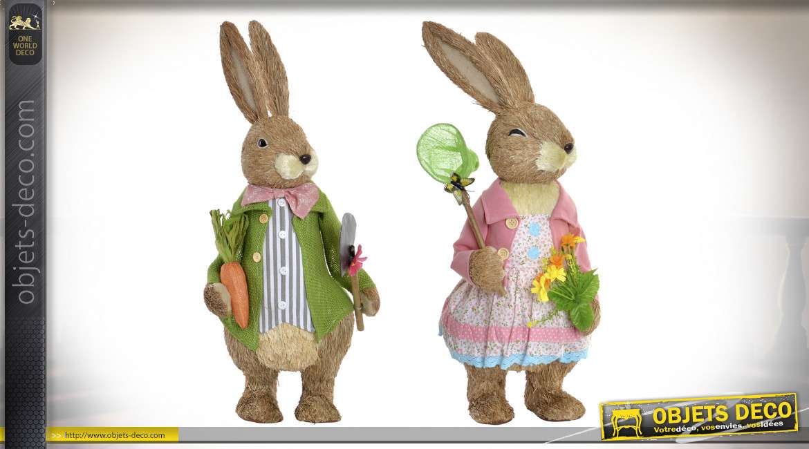 Série de deux lapins en fibres naturelles et base polyester, style campagne enfantine, 62cm