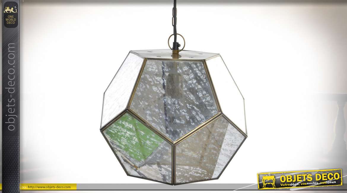 Suspension en métal et verre vieilli, forme géométrique esprit cubique, finition laiton brossé, 33cm