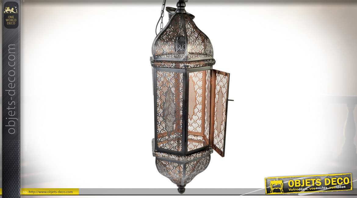Grande lanterne électrifiée en métal de style orientale, esprit moucharabieh finition noire mate, 71cm