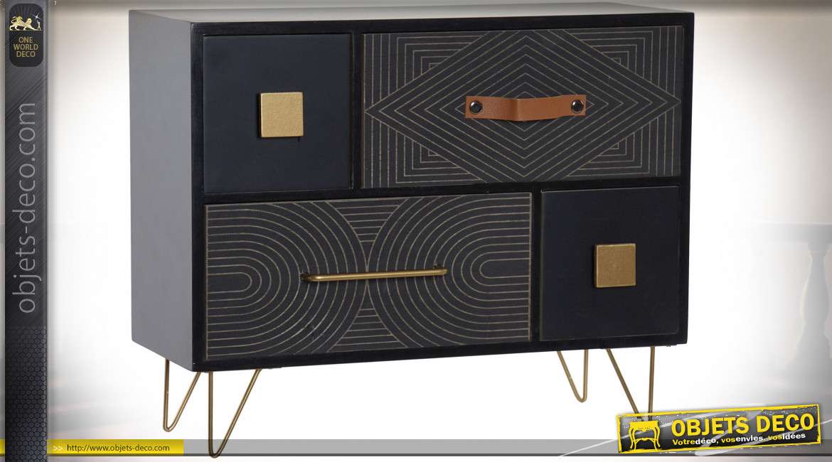 Boite à bijoux multi-tiroirs en bois finition noire, détails dorés et poignée effet cuir, ambiance chic, 35cm