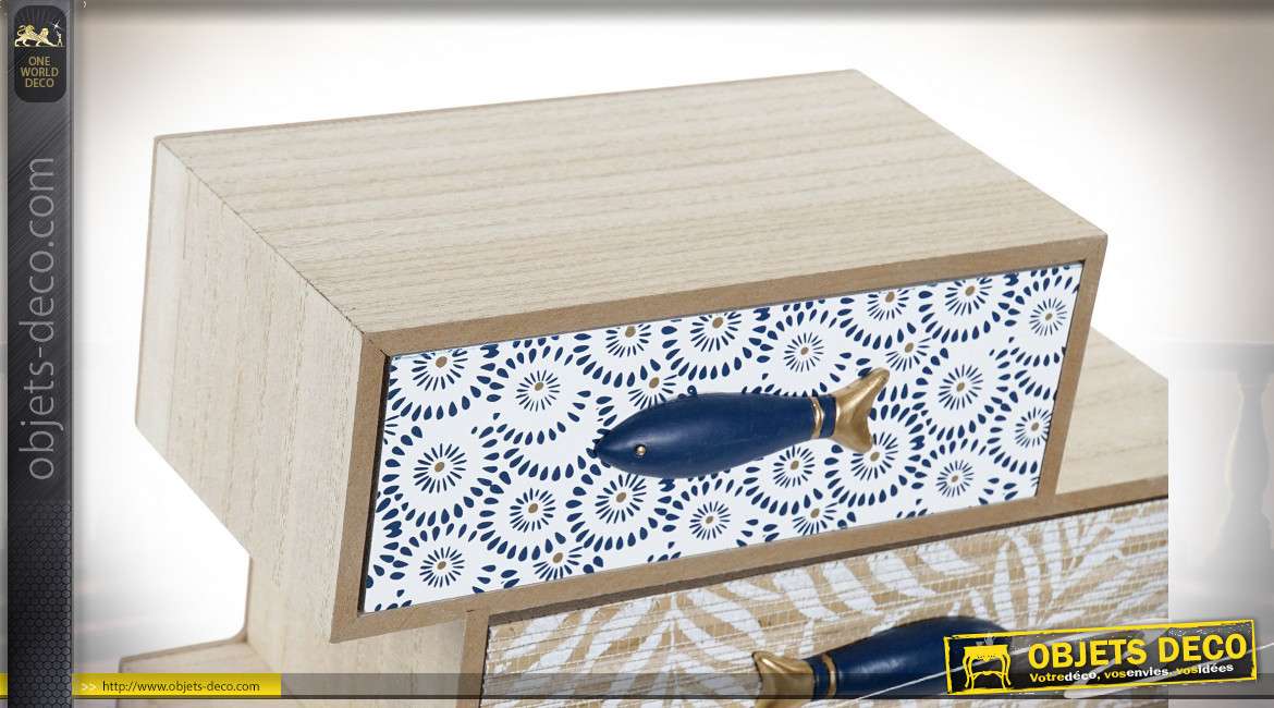 Mini meuble de rangement pour cosmétiques avec tiroirs, finition bois et motifs bord de mer, 29cm