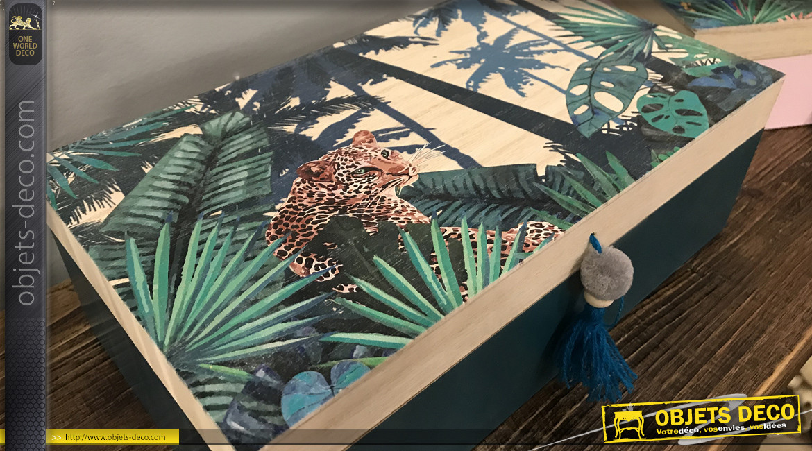 Série de deux coffrets en bois, motifs jungles et animaux sauvages, poignées pompons, 30cm