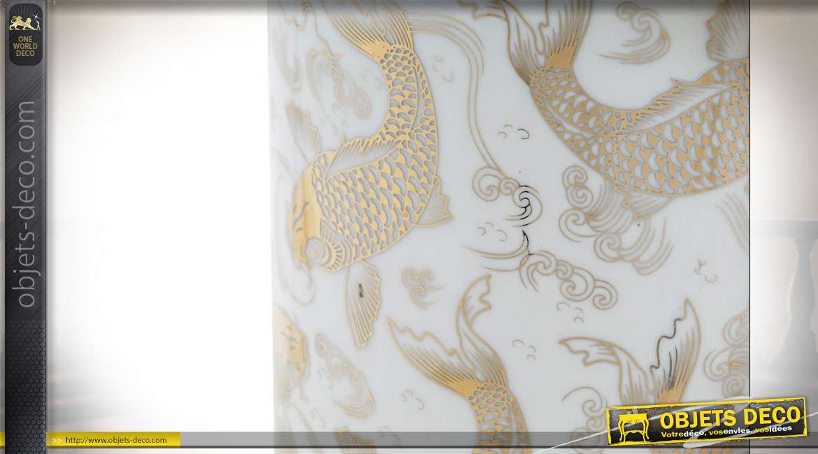 Boite décorative en porcelaine blanche avec couvercle, motifs de poissons dorés brillants, ambiance asiatique, Ø14cm