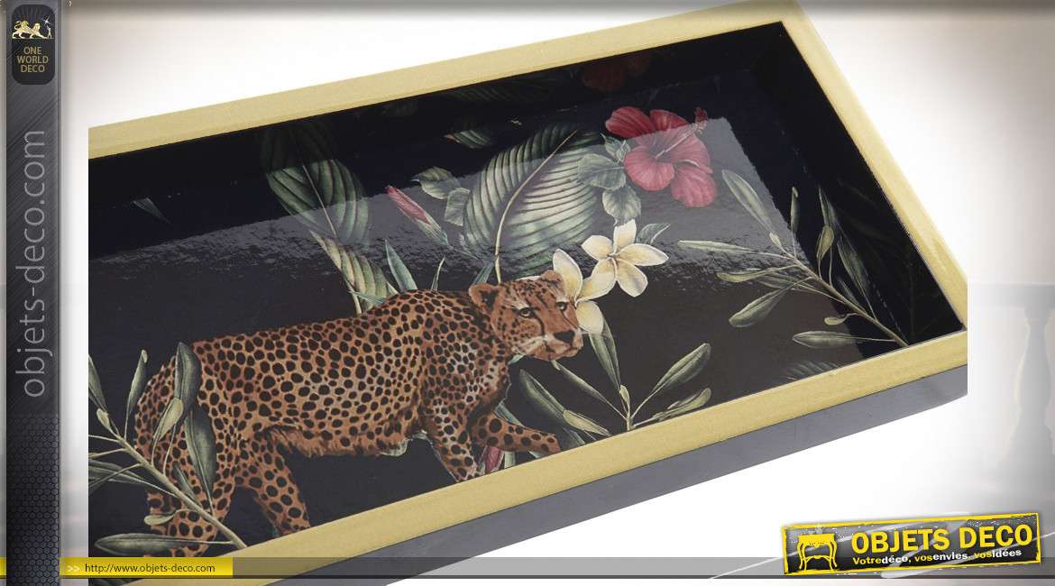 Petit plateau décoratif en bois avec impressions d'un léopard en milieu naturel, 30cm