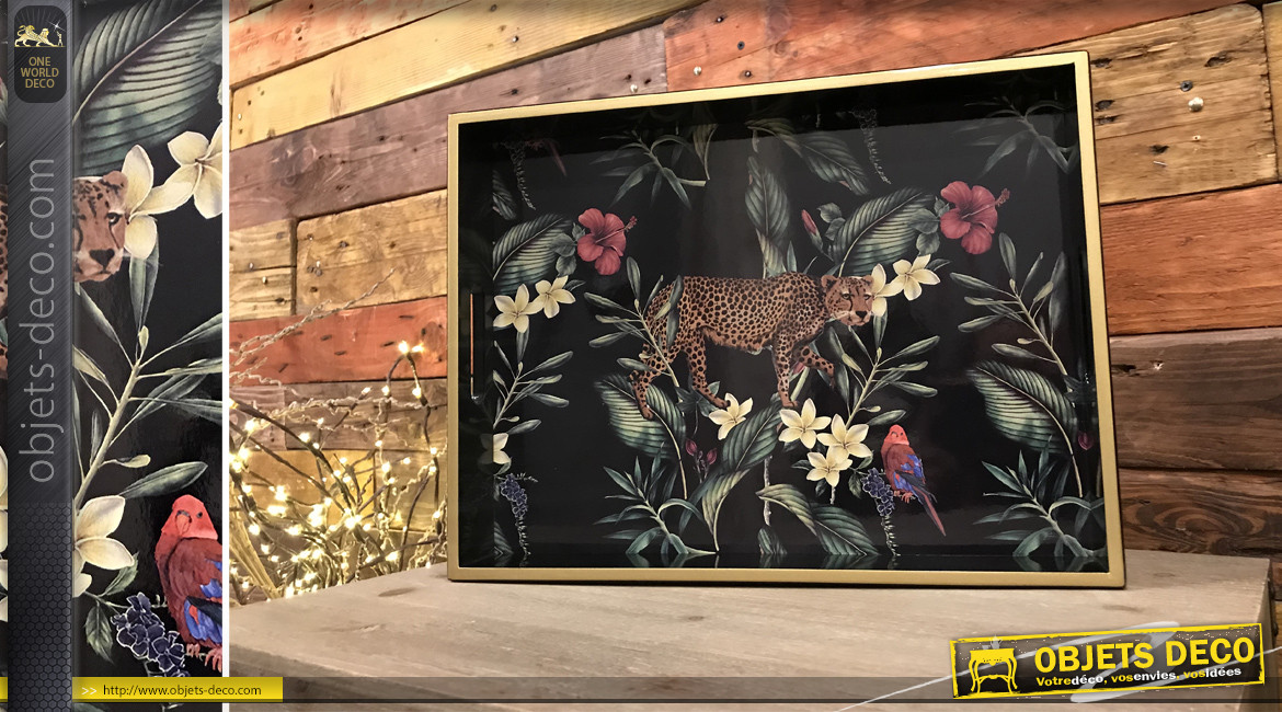 Plateau décoratif en bois et verre avec impression d'un léopard en milieu naturel, finition chic, 40cm