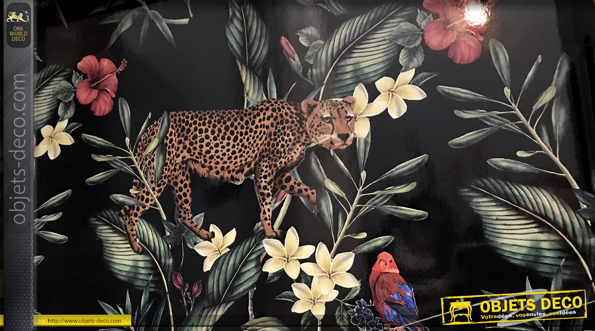 Plateau décoratif en bois et verre avec impression d'un léopard en milieu naturel, finition chic, 40cm