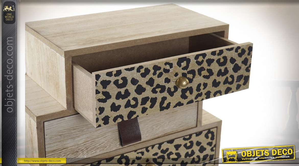 Boite à bijoux en forme de mini meuble à tiroirs, impressions motifs léopard et bois, 24cm