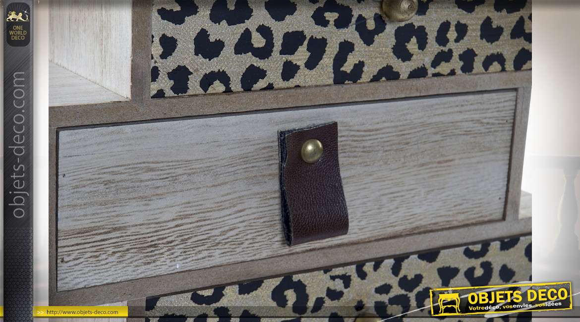 Boite à bijoux en forme de mini meuble à tiroirs, impressions motifs léopard et bois, 24cm