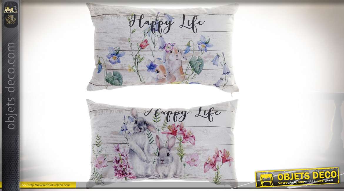 Série de deux coussins rectangulaires en tissus, impressions de motifs lapins et fleurs, esprit campagne, 50x30cm