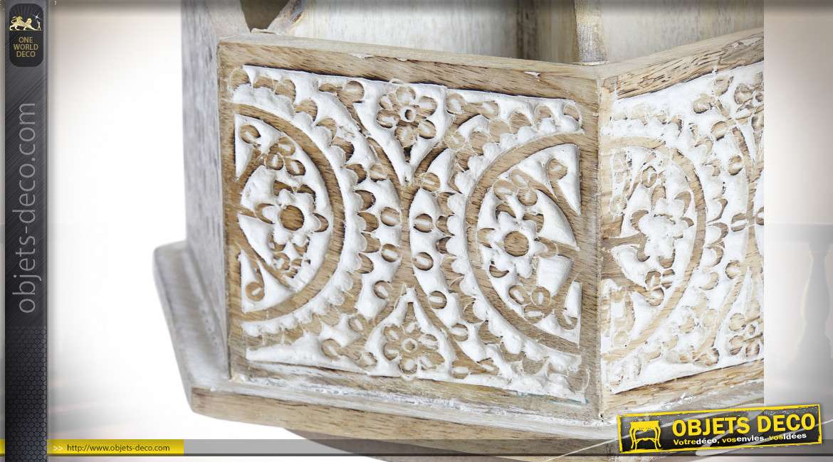 Support compartimenté héxagonal en bois de manguier, finition sculpté et blanchi, motifs floraux, 20cm
