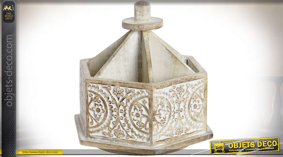 Support compartimenté héxagonal en bois de manguier, finition sculpté et blanchi, motifs floraux, 20cm