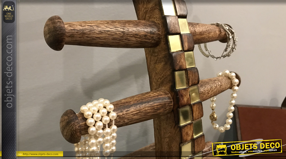 Porte bijoux en bois de manguier massif avec tiroirs, mosaique de verre, 37cm