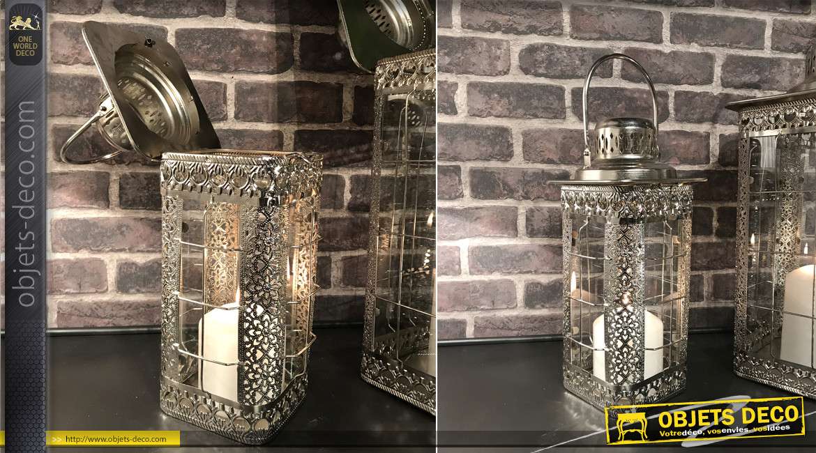 Série de 2 lanternes originales en métal chromé 45 cm