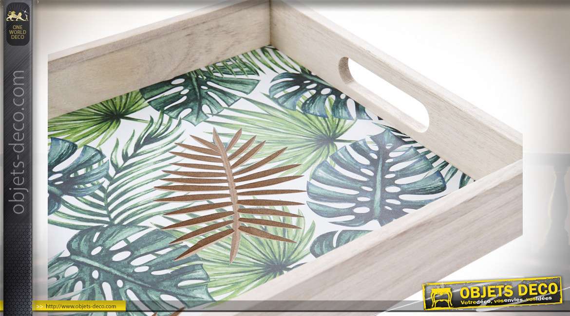 Série de deux plateaux en bois avec motifs de grandes feuilles, esprit tropical, avec anses, 40cm