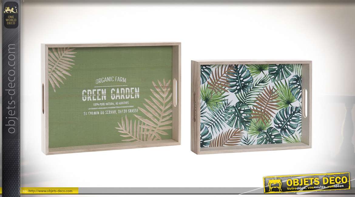 Série de deux plateaux en bois avec motifs de grandes feuilles, esprit tropical, avec anses, 40cm