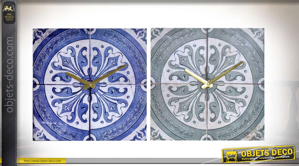 Série de deux horloges en bois avec impressions d'anciens carreaux de ciment, bleu et gris, 30cm