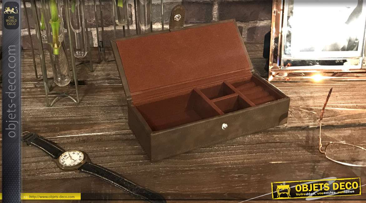 Boîte à bijoux en bois et cuir synthétique, couleur brun cigare 21cm