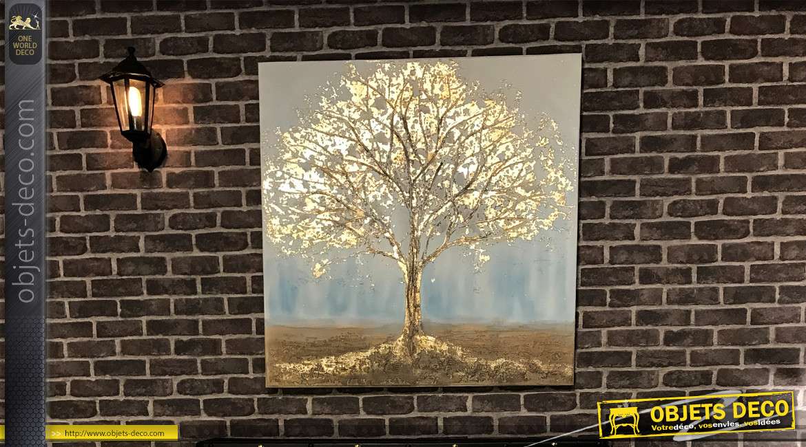 Grand tableau peint à la main représentant un arbre doré avec relief, reflets et ombres brillantes 100x100