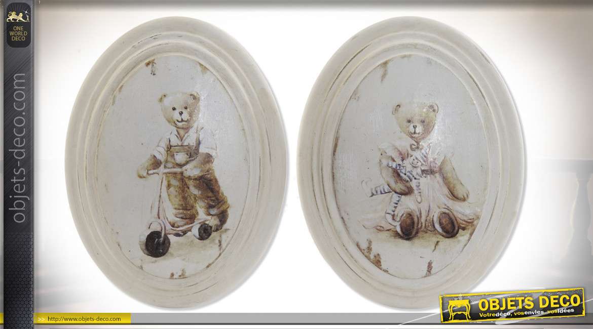Duo de petits tableaux en bois sur le thèmes des oursons, finitions anciennes, esprit vieilles demeures, 31cm