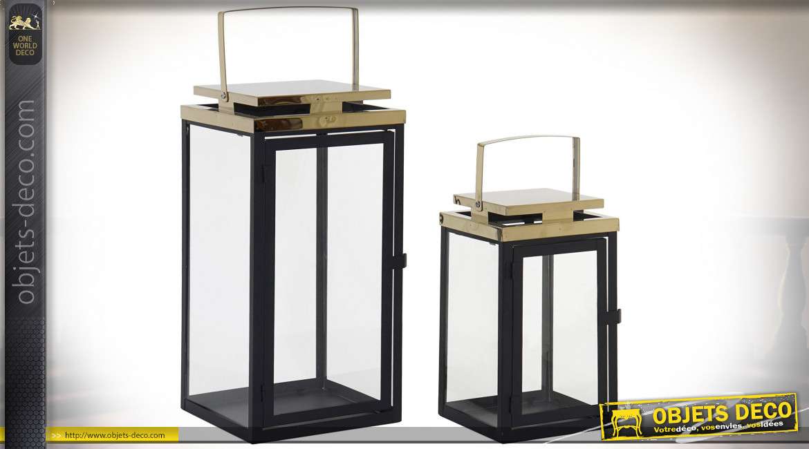 Set de 2 lanternes design en métal noir et doré 38 cm