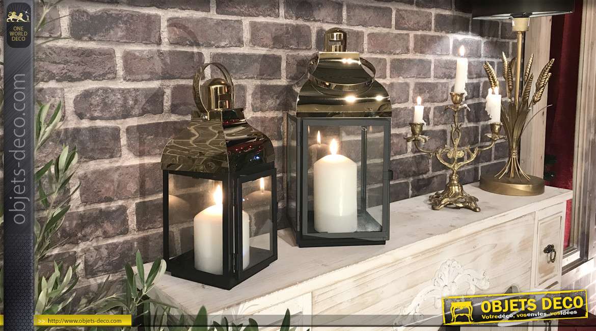 Duo de lanternes décoratives métal laqué noir doré chromé