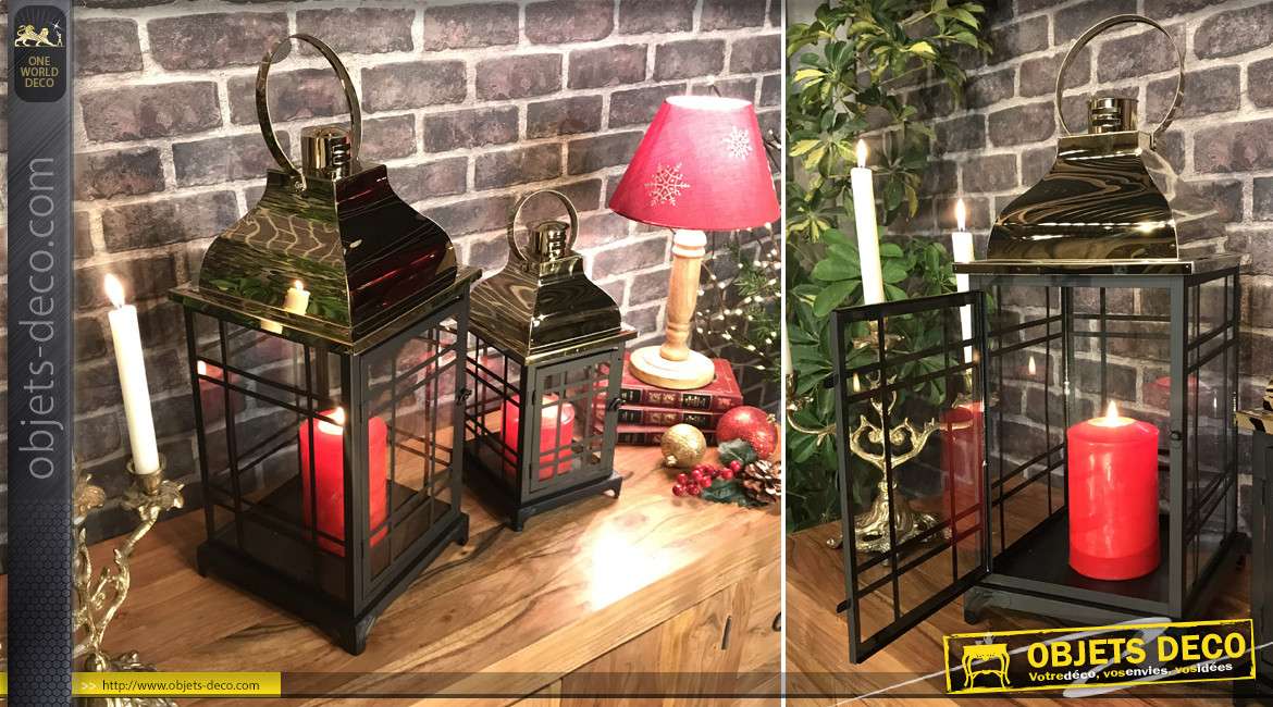 Série de deux lanternes décoratives métal laqué noir doré chromé