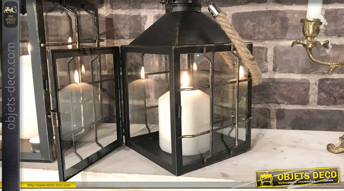 Set de 2 lanternes en métal noir et verre de style industriel 46 cm