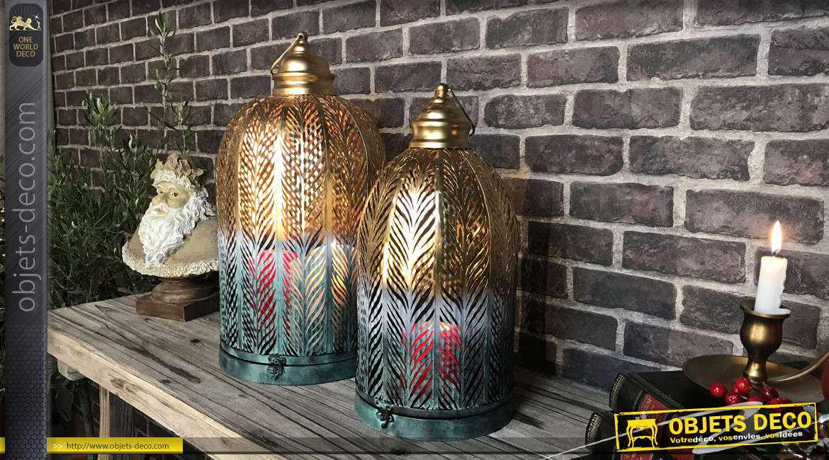 Lanternes cages dorées et blanches motif feuillages 51 cm