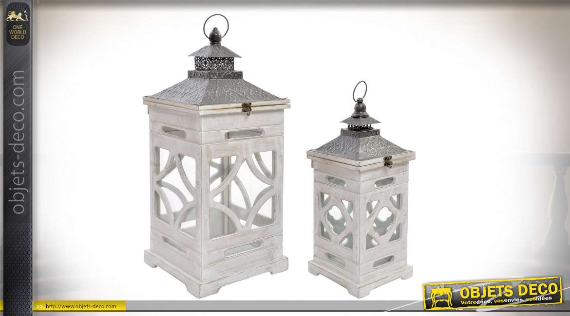 Duo de lanternes sapin blanchi et sculpté métal imitation zinc 65 cm