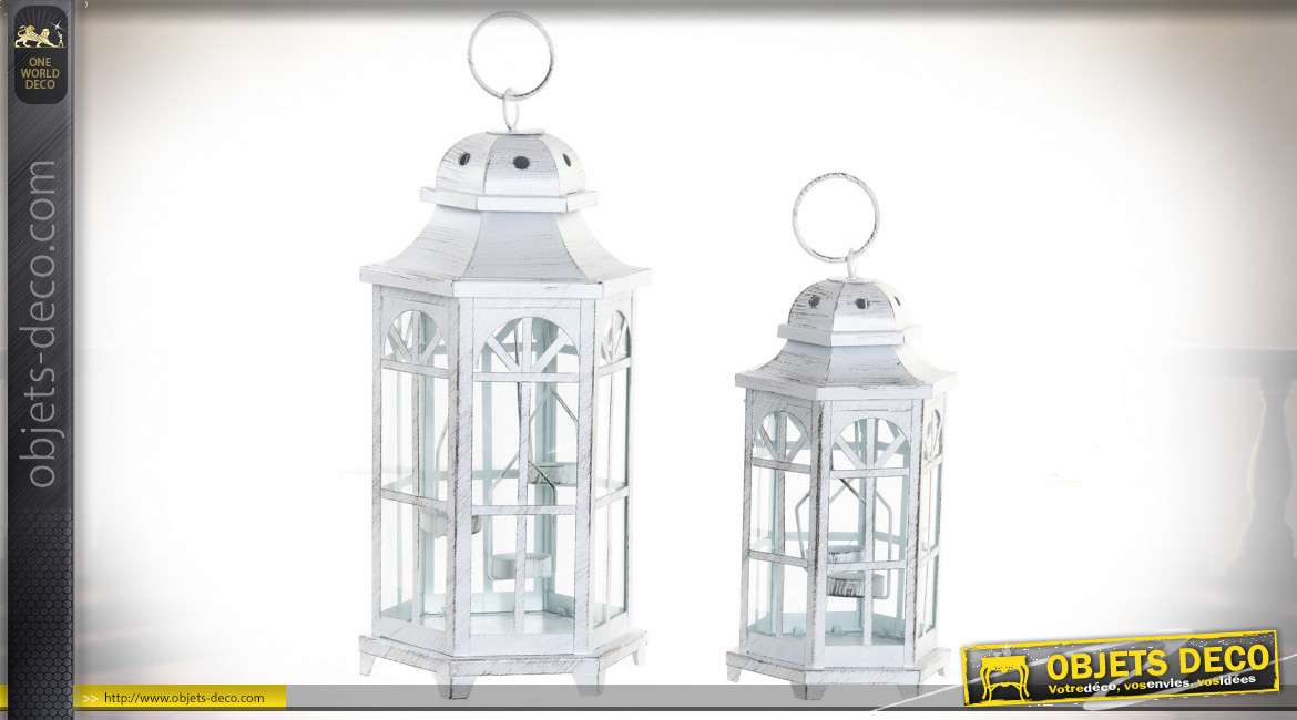 Série de 2 lanternes hexagonales style anglais métal blanc vieilli