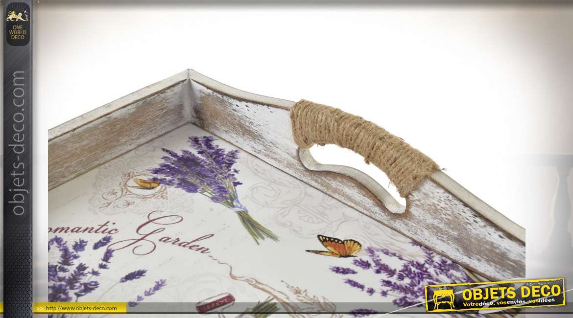 Série de deux plateau en bois avec anses, motifs provençaux avec brins de lavande, 40cm