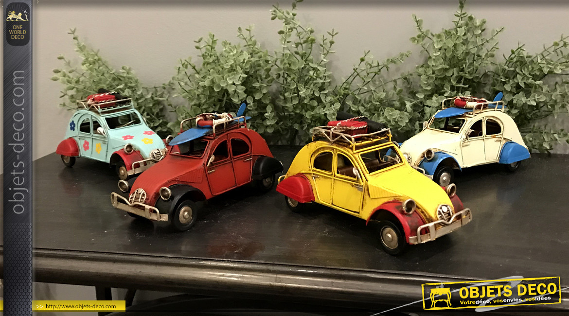 Série de 4 véhicules miniatures en métal, finition effet ancien, ambiance vintage plage, 16cm